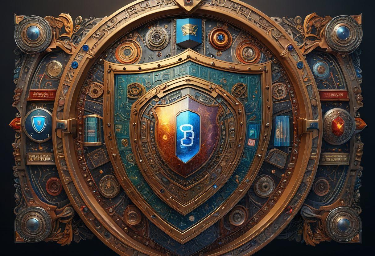 A visually striking representation of a sturdy shield symbolizing protection, adorned with various adult media icons like films, streaming services, and books, all set in a digital landscape. The composition should evoke a sense of security and empowerment, featuring a vibrant color palette that highlights both premium quality and performance insurance elements. Include subtle hints of technology, like circuit patterns, integrated in the background. super-realistic. vibrant colors. 3D.