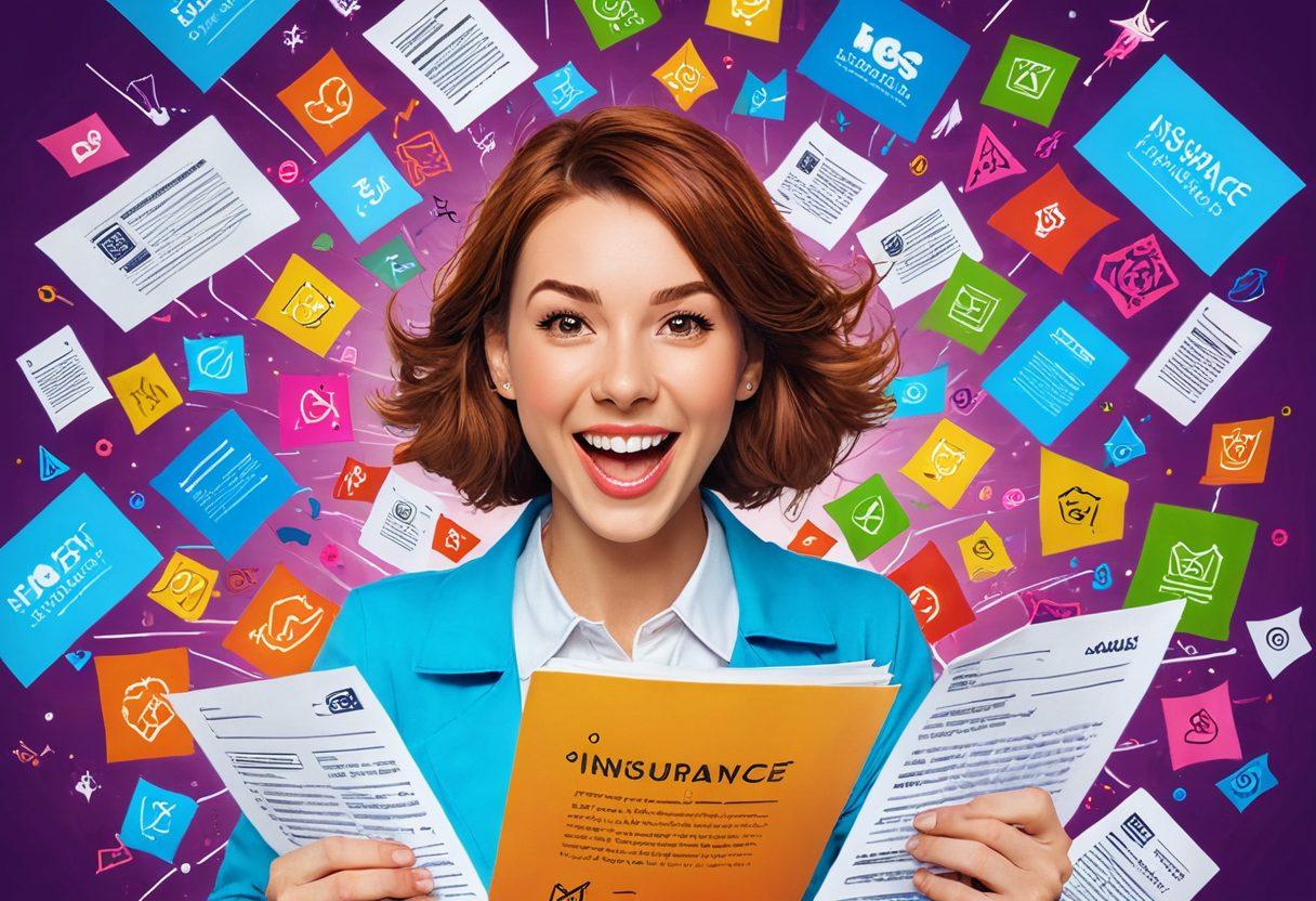 A dynamic illustration featuring a cartoonish adult content creator surrounded by various whimsical insurance documents and protective shields, symbolizing coverage against risks. The background is vibrant, with colorful icons representing different adult industries like hentai, along with playful, humorous elements to lighten the theme. Bright colors and an engaging style will captivate the audience while conveying the message of safety and protection. cartoon style. vibrant colors. whimsical elements.