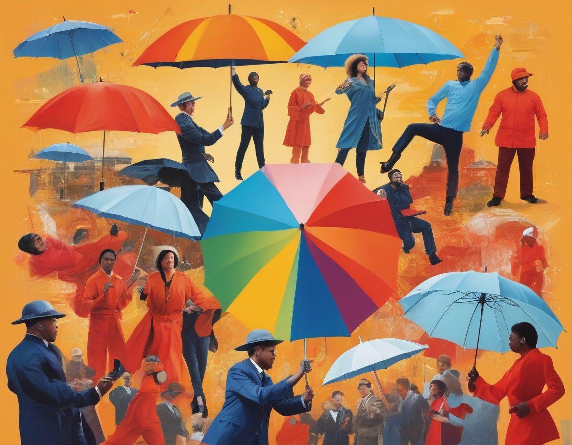 An intricate collage depicting a diverse group of adults in various entertainment settings, highlighting themes of safety and protection. Include imagery of diverse individuals engaging in performance art, choreography, and behind-the-scenes insurance consultation, with visual elements symbolizing security like shields and umbrellas. Use warm colors to evoke a sense of community and trust. vibrant colors. vector art.